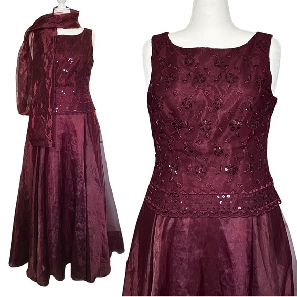 Vintage 90s Maroon Whimsigoth Prom Dress & Scarf XL Sequins A Line Vamp Romantic - Picture 1 of 13